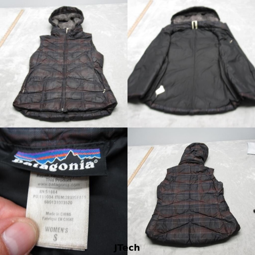 Patagonia Down Sweater Vest Womens Small Blue Red Plaid Hooded Puffer VTG 90s